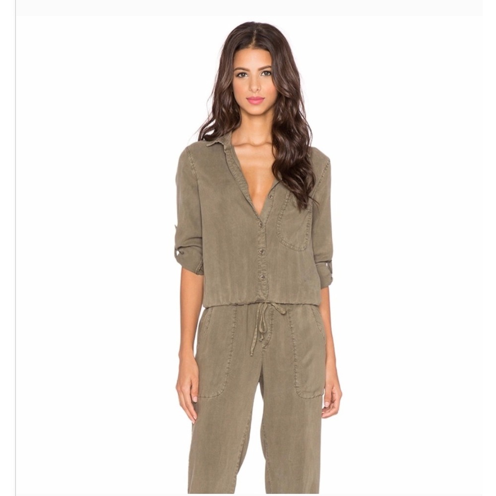 Bella Dahl Womens Utility Jumpsuit Grey Olive Tencel Button Front Roll Tab Small